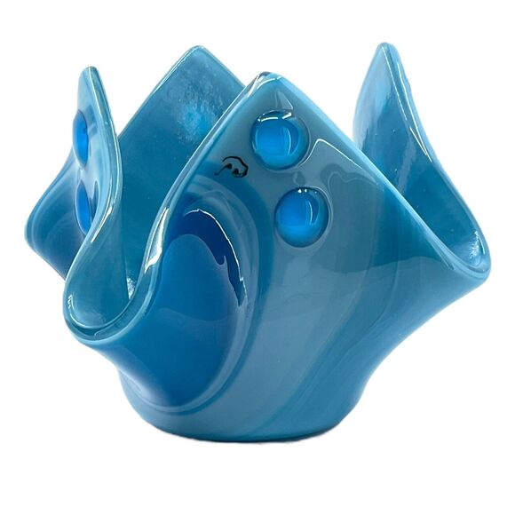 Blue Swirl Art Glass Handkerchief Vase Candle Holder Glass MCM Vintage - Picture 2 of 6